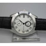 ARMBANDUHR - YVES CAMANI / wristwatch, Automatik-Uhr. Rundes Edelstahlgehäuse an Lederarmband; mit