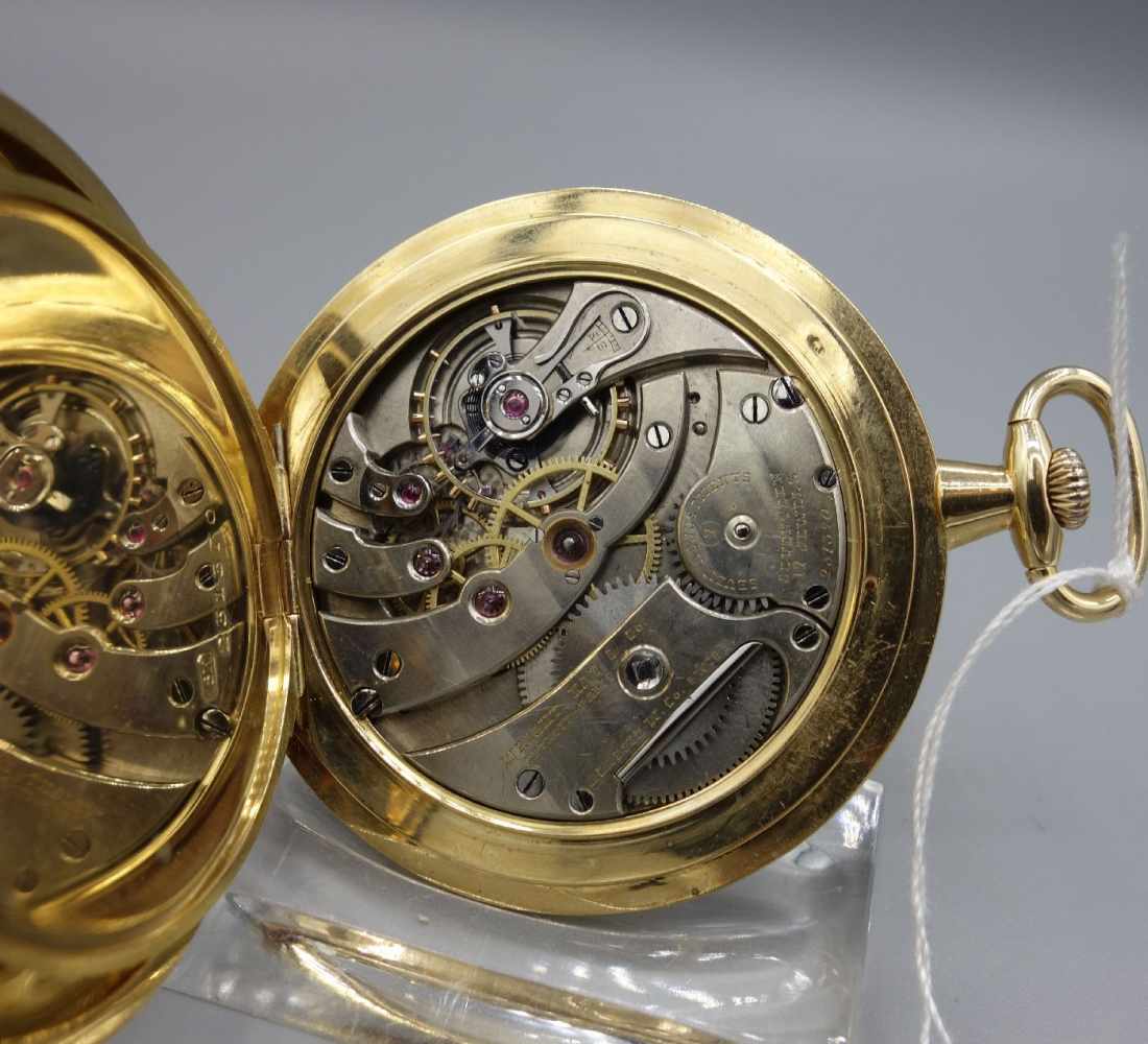 FLACHE TASCHENUHR MIT GOLDGEHÄUSE / golden half open face pocket watch, Handaufzug (Krone). - Image 7 of 8