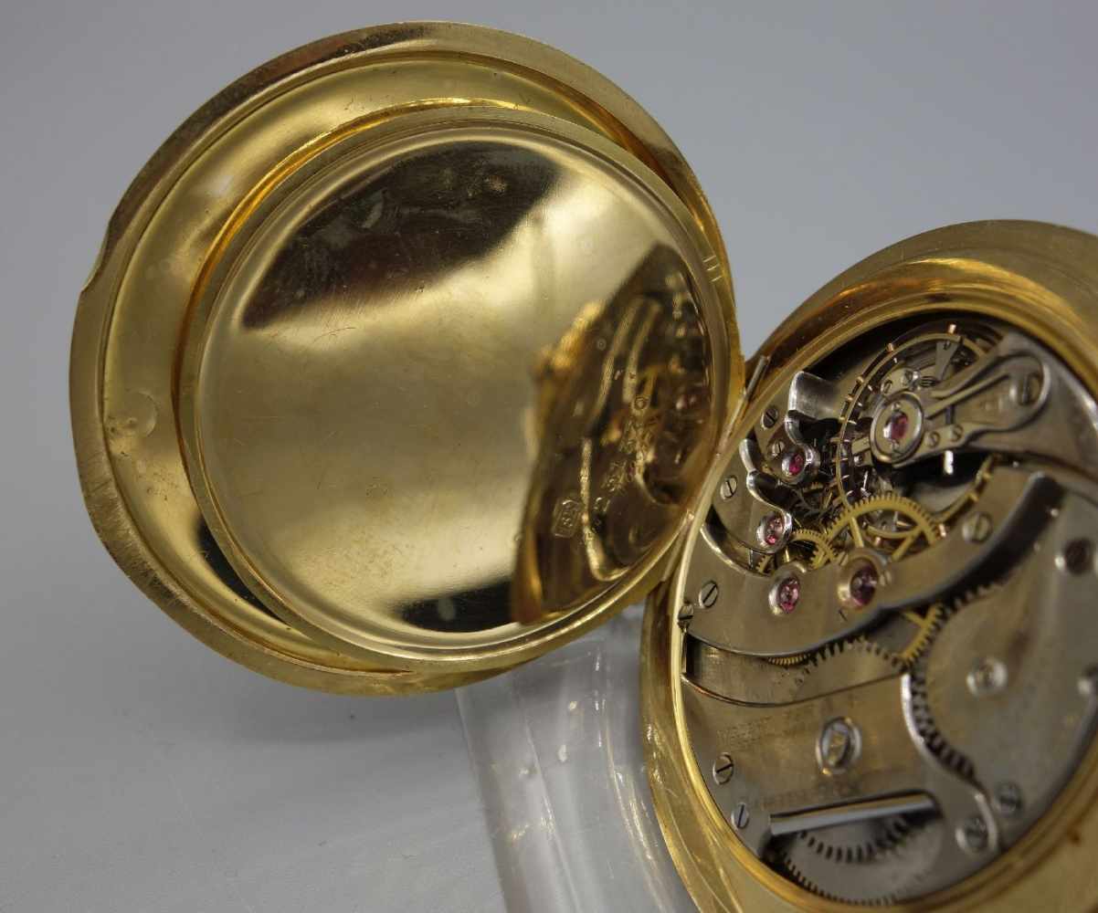 FLACHE TASCHENUHR MIT GOLDGEHÄUSE / golden half open face pocket watch, Handaufzug (Krone). - Image 8 of 8
