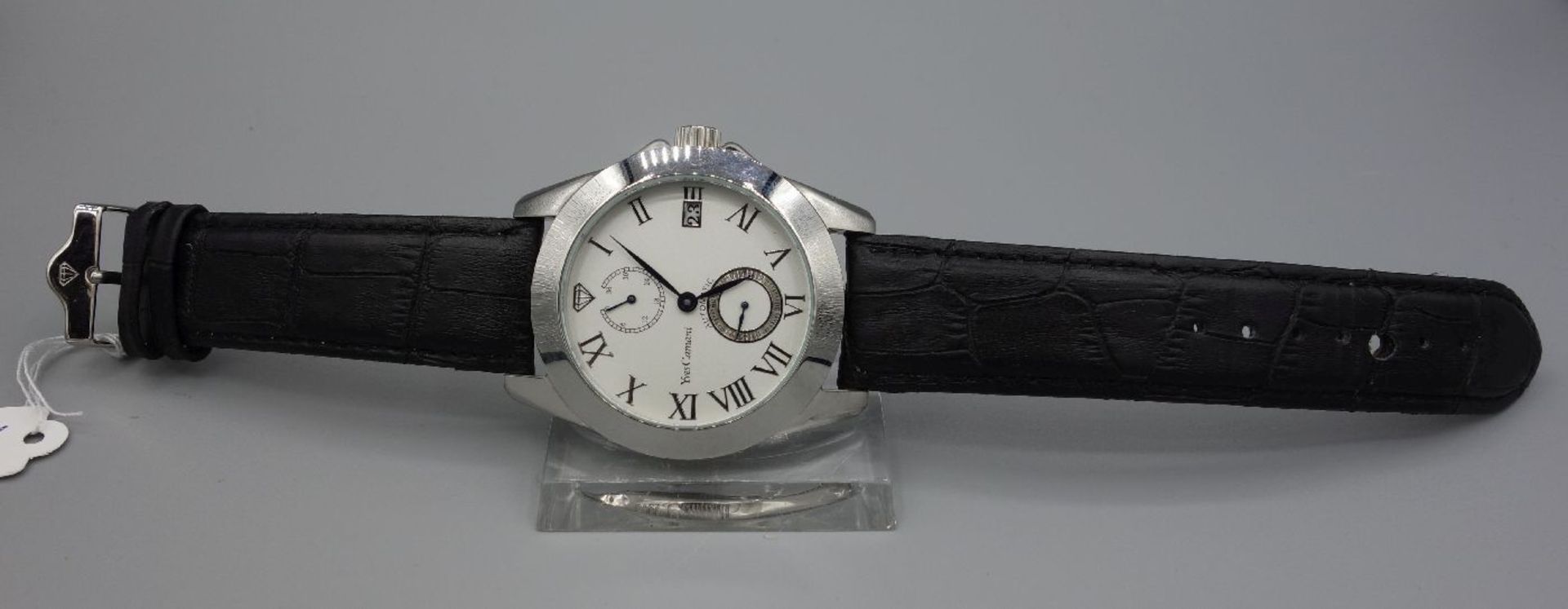 ARMBANDUHR - YVES CAMANI / wristwatch, Automatik-Uhr. Rundes Edelstahlgehäuse an Lederarmband; mit - Bild 2 aus 6