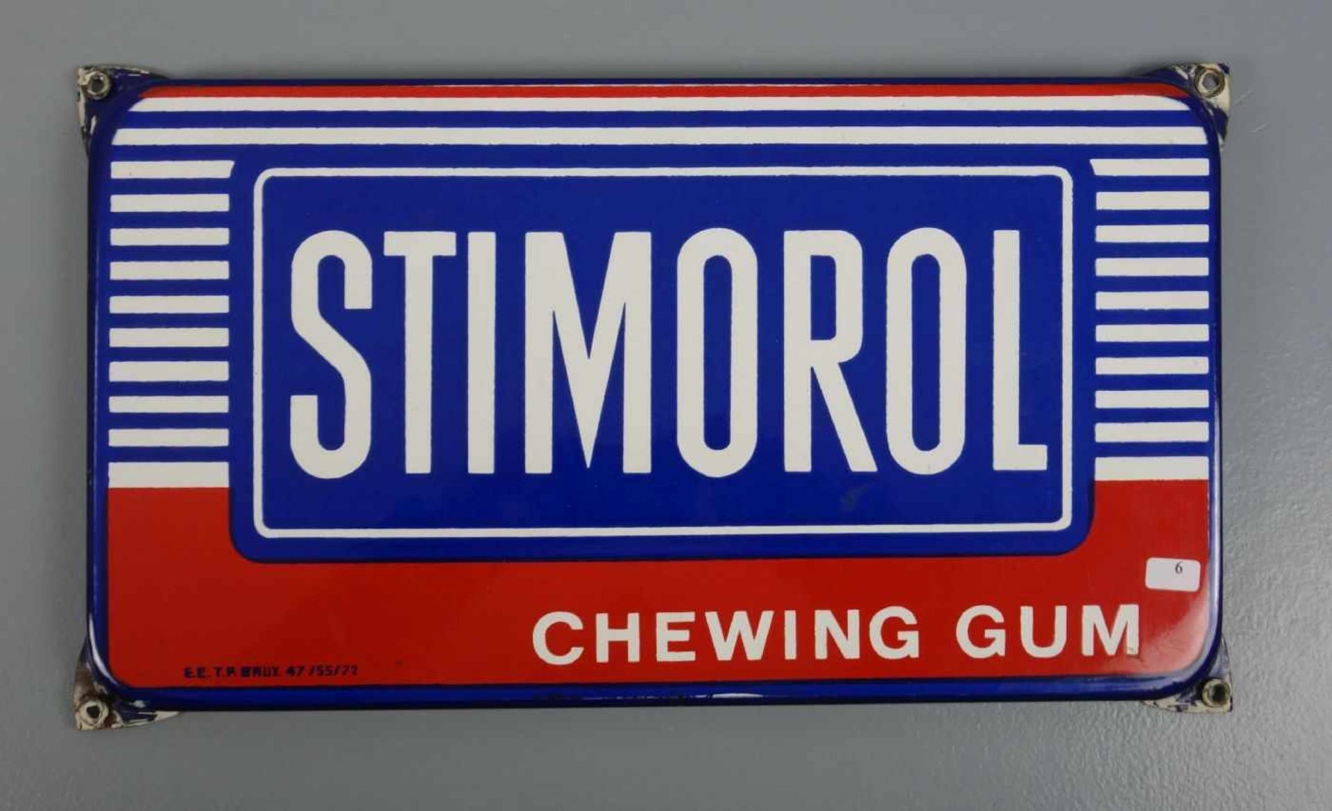 EMAILLESCHILD / BLECHSCHILD / WERBESCHILD "Stimorol Chewing Gum". Schmalrechteckiges,