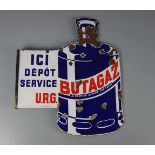 EMAILLESCHILD / BLECHSCHILD / WERBESCHILD "Butagaz", beidseitig gestaltetes Emailleschild in Form