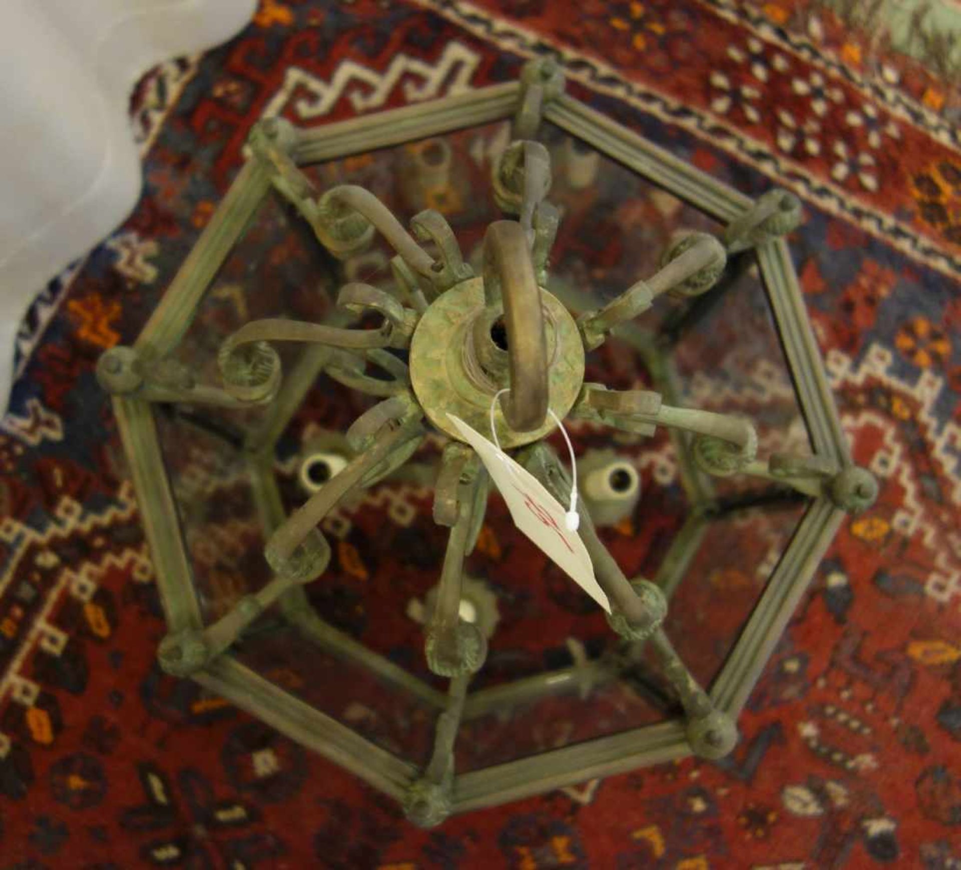 BRONZE - LATERNE / AMPEL / DECKENLAMPE, Bronze, mit vierflammiger Brennstelle. Oktagonale Form mit - Bild 4 aus 4