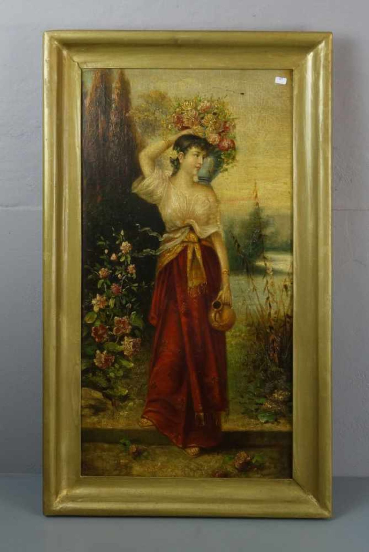 MALER DES 19./ 20. JH., Gemälde / painting: "Junge Frau mit Krug und Blumenstrauss / Blumenmädchen",