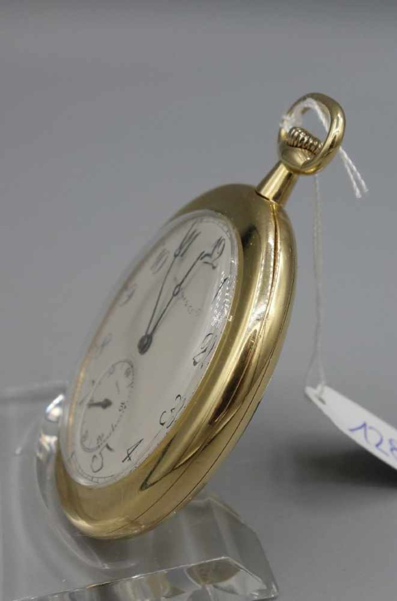 FLACHE TASCHENUHR MIT GOLDGEHÄUSE / golden half open face pocket watch, Handaufzug (Krone). - Bild 3 aus 8