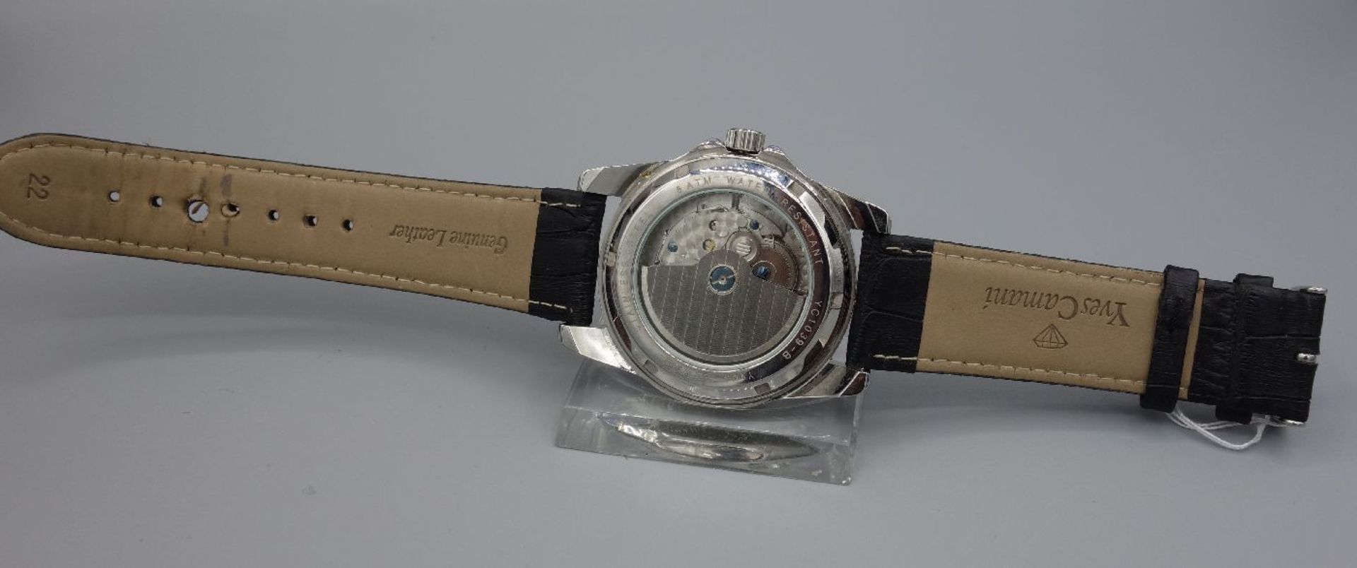 ARMBANDUHR - YVES CAMANI / wristwatch, Automatik-Uhr. Rundes Edelstahlgehäuse an Lederarmband; mit - Bild 5 aus 6