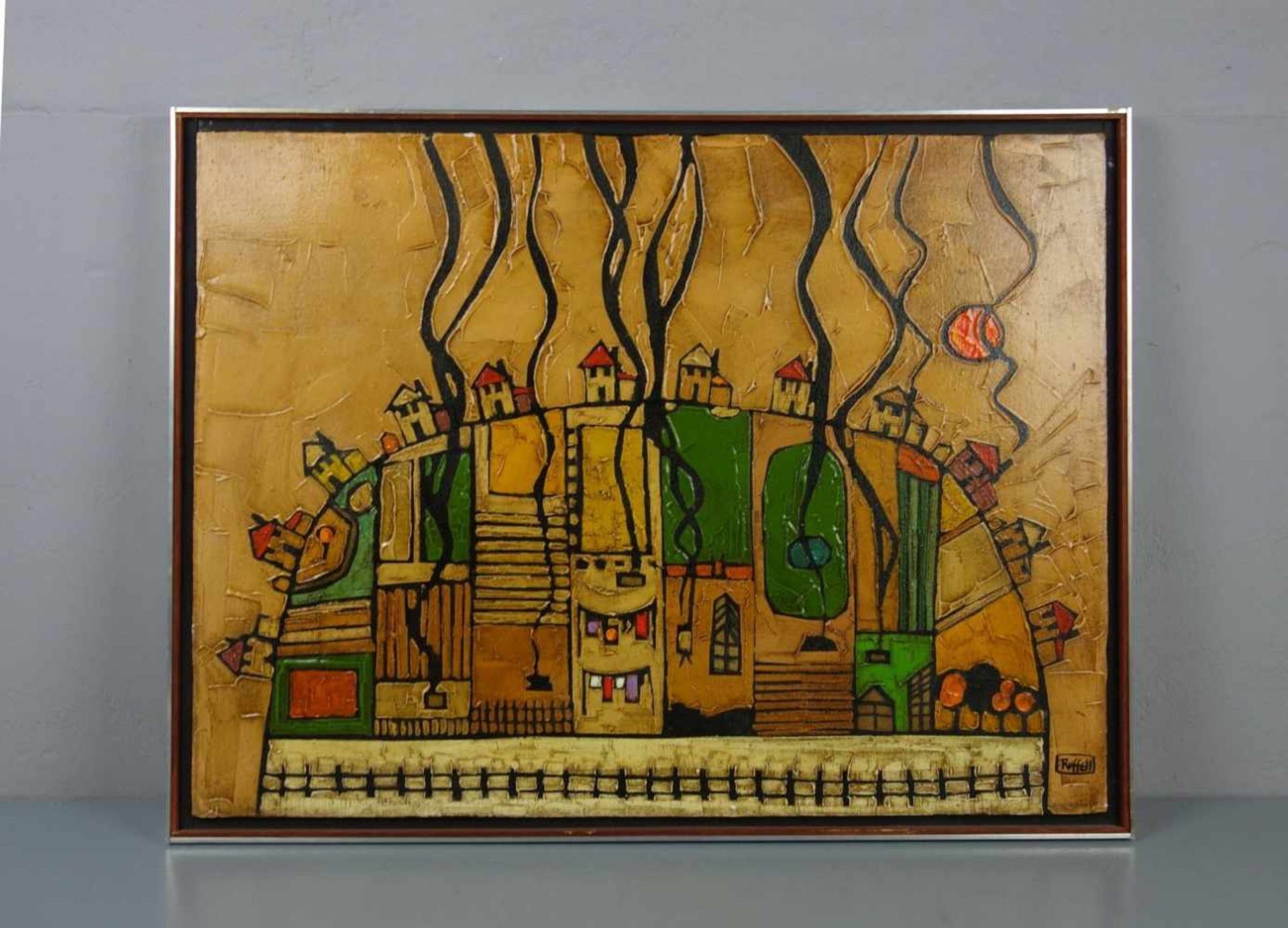 RUFFELL, COLIN (1939), Gemälde / painting: "Stadt auf dem Berg", Acryl / Öl auf Leinwand, unten