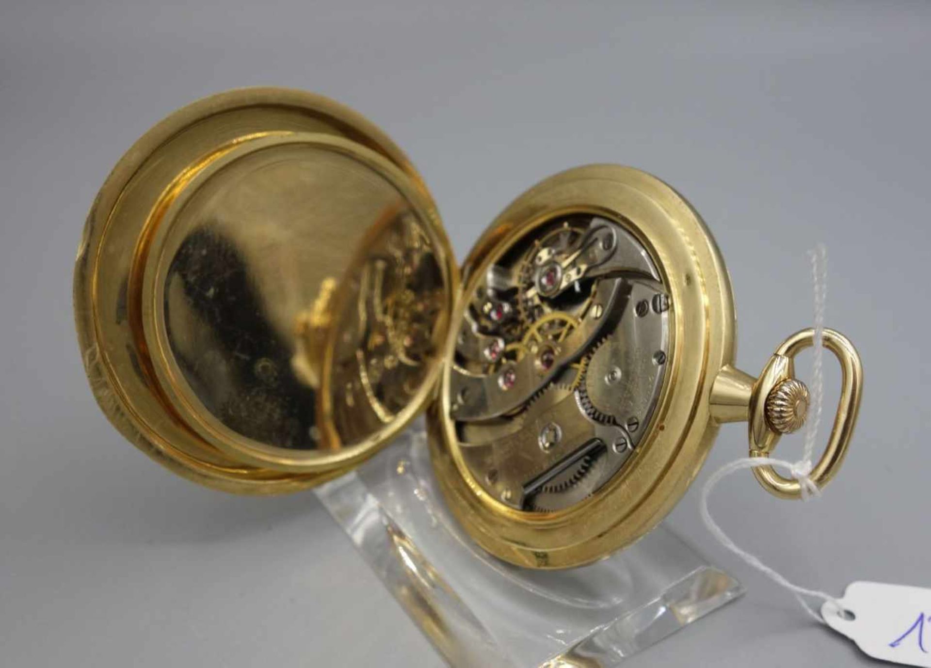 FLACHE TASCHENUHR MIT GOLDGEHÄUSE / golden half open face pocket watch, Handaufzug (Krone). - Bild 6 aus 8
