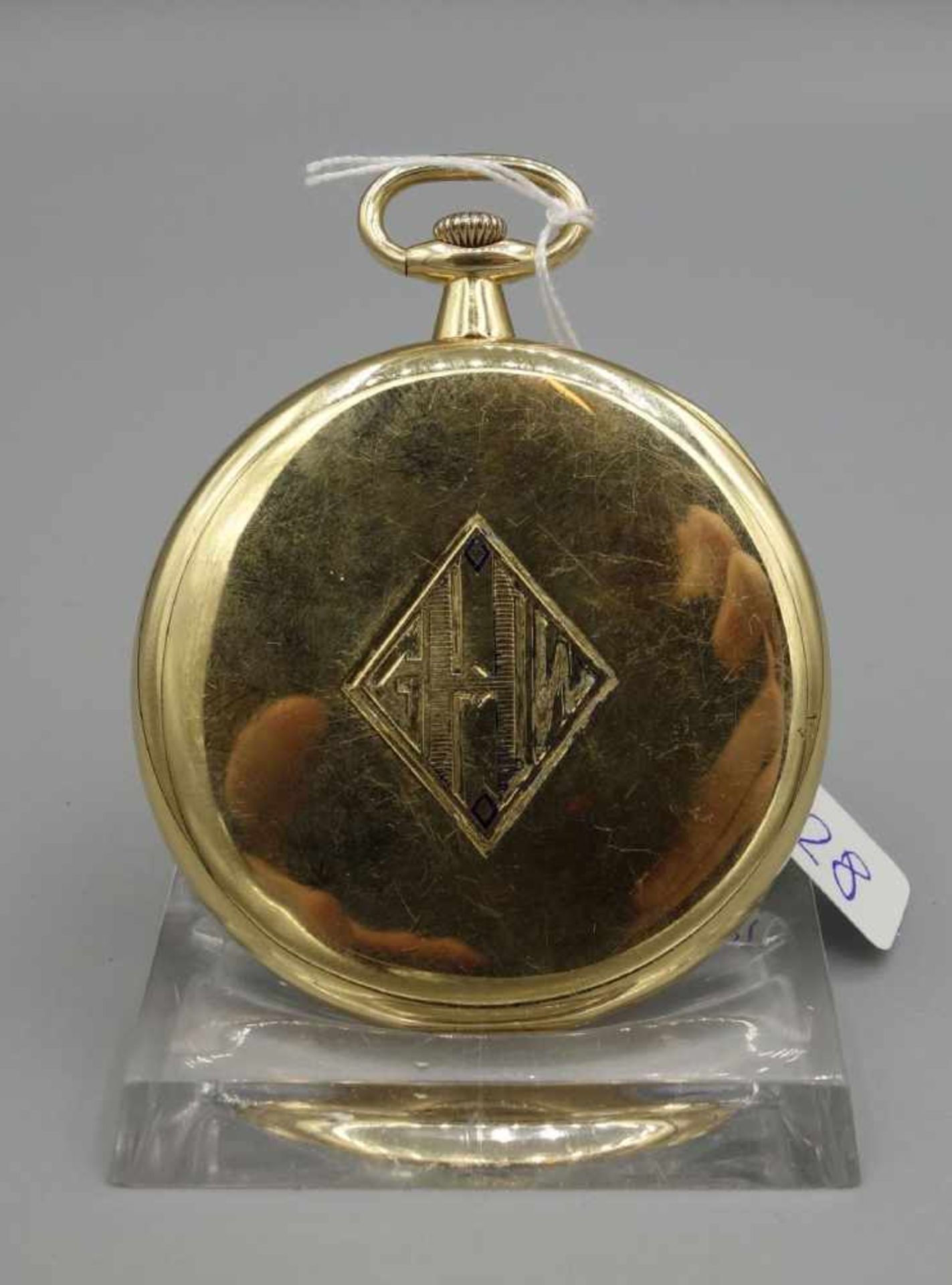 FLACHE TASCHENUHR MIT GOLDGEHÄUSE / golden half open face pocket watch, Handaufzug (Krone). - Bild 4 aus 8