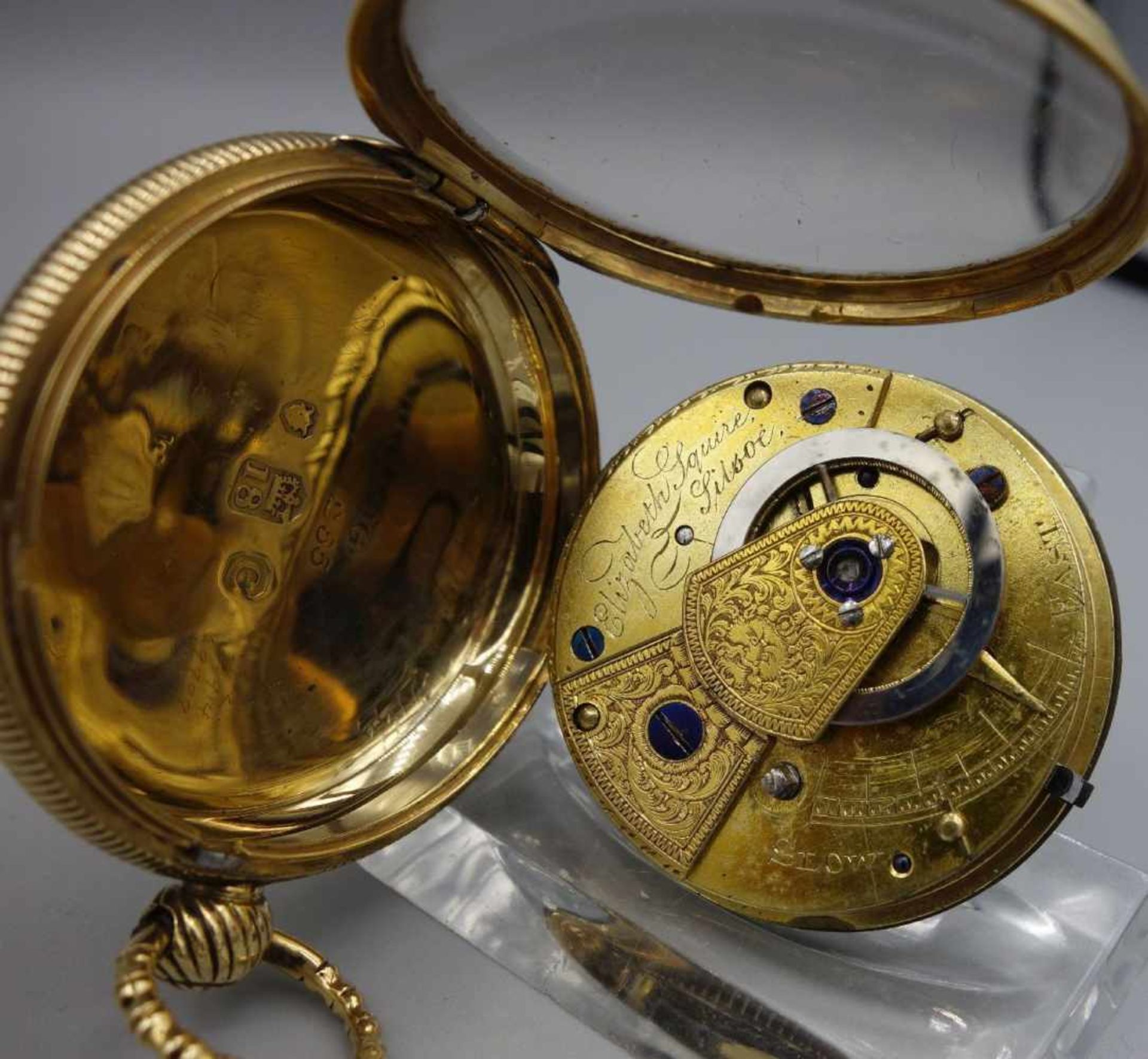 ENGLISCHE SPINDELTASCHENUHR IM GOLDGEGÄUSE / golden english pocket watch, England, - Bild 9 aus 11