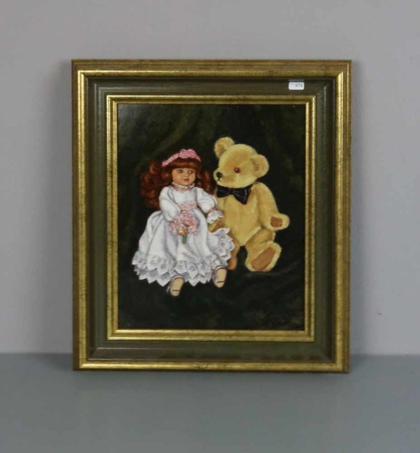 WENZEL, V. R. (Maler des 20./21. Jh.), Gemälde / painting: "Puppe und Bär", Öl auf Holz / oil on
