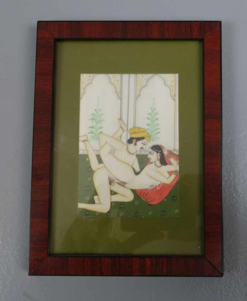 7 EROTISCHE MINIATUREN ZUM KAMASUTRA, der indischen Traditionslehre über Erotik. Tempera auf - Image 6 of 10