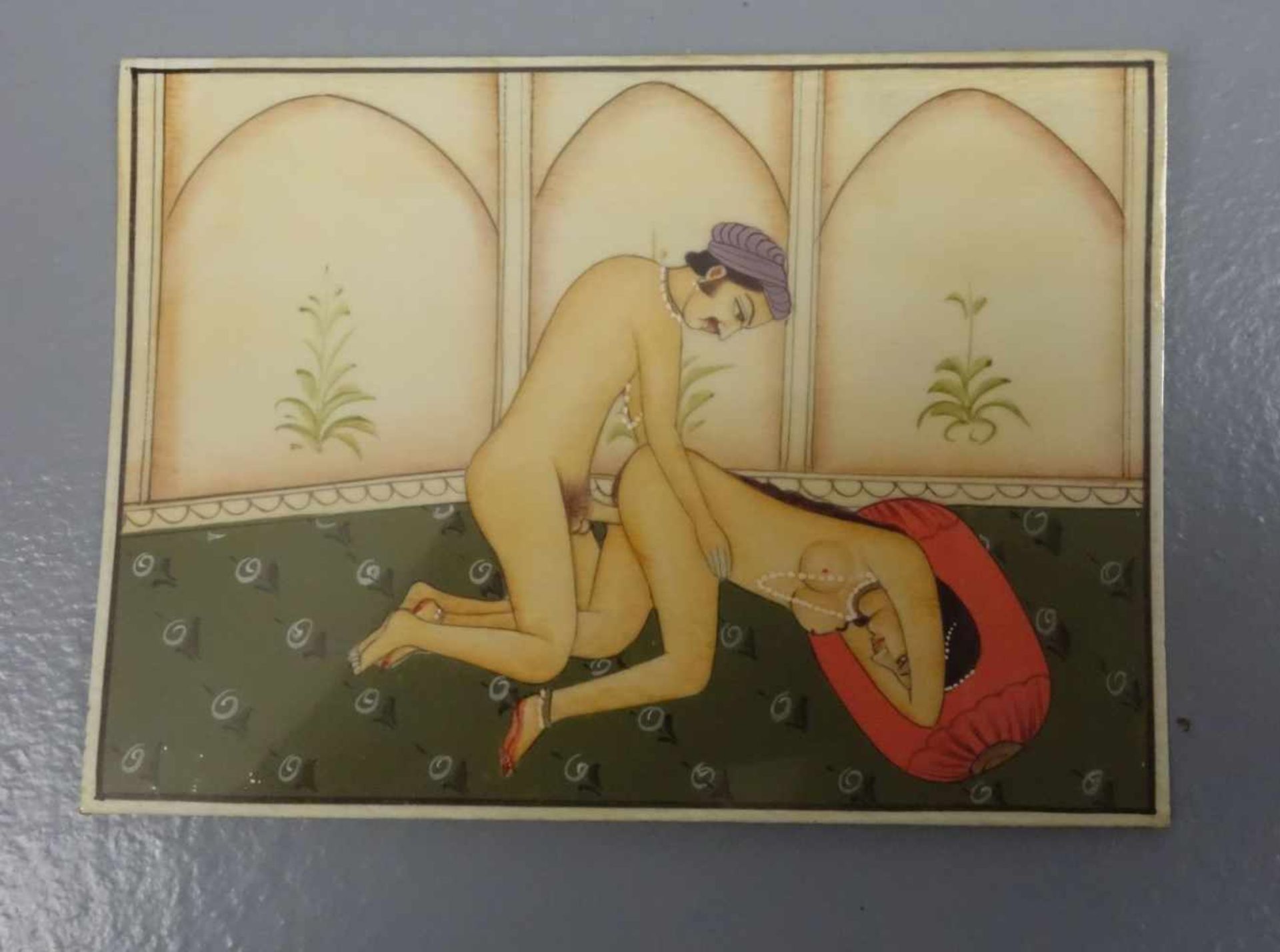 7 EROTISCHE MINIATUREN ZUM KAMASUTRA, der indischen Traditionslehre über Erotik. Tempera auf - Bild 3 aus 10