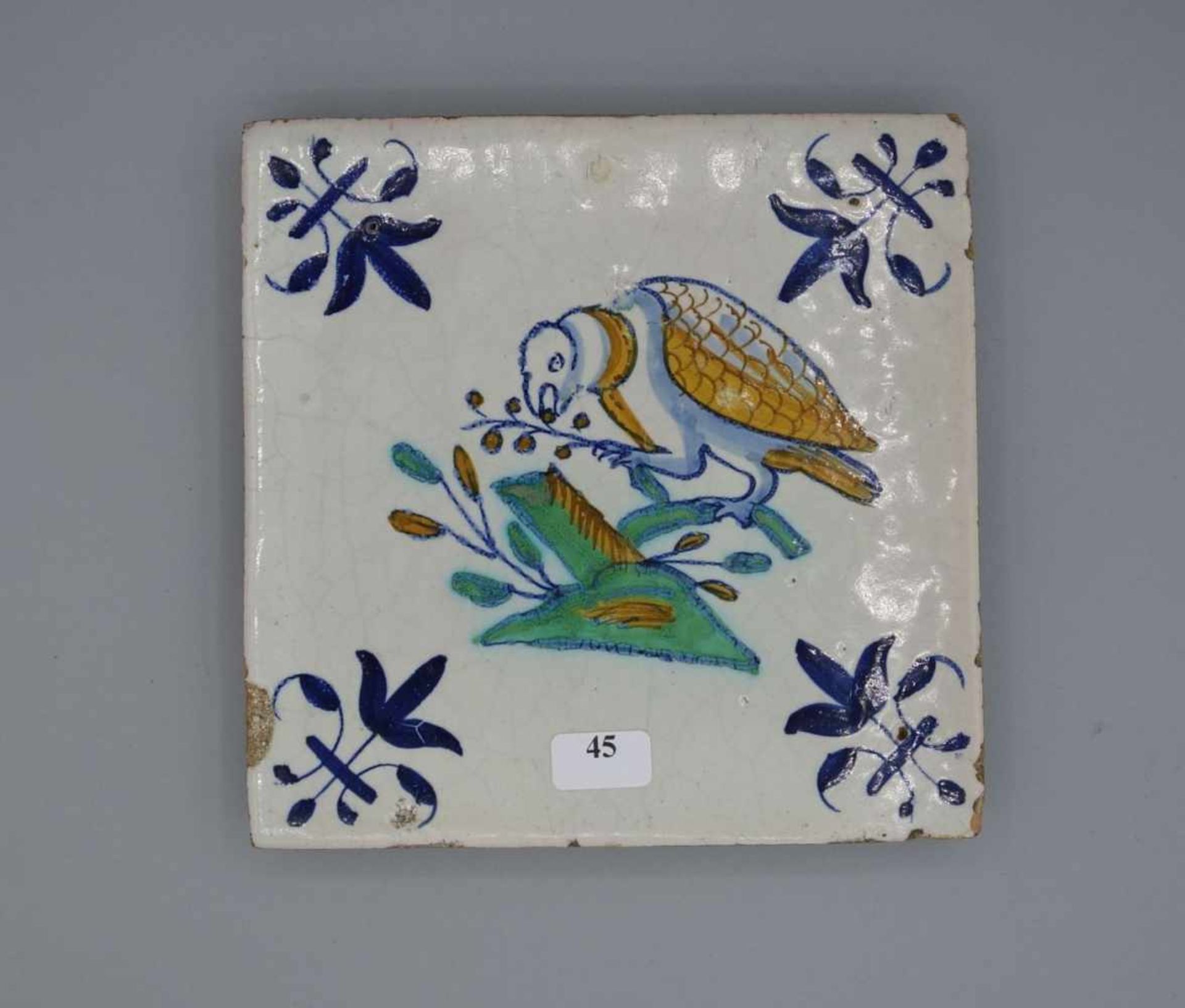 BAROCK-FLIESE "VOGEL / PAPAGEI" / HOLLÄNDISCHE FAYENCE - FLIESE / WANDFLIESE / baroque dutch tile,