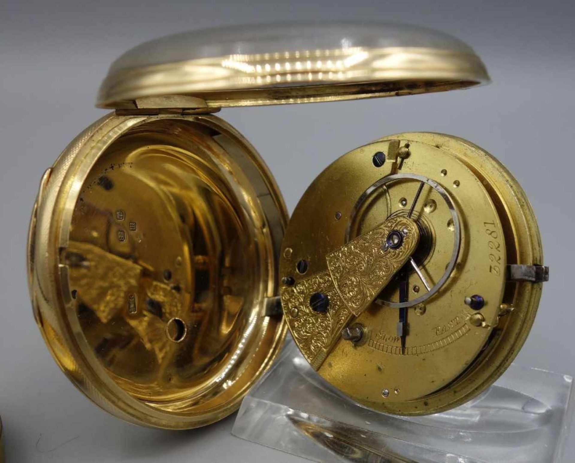 ENGLISCHE SPINDELTASCHENUHR IM GOLDGEGÄUSE / golden english pocket watch, England, - Bild 10 aus 11