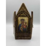 KLEINER REISEALTAR / ANDACHTSBILD IN ART EINER IKONE / MINIATUR-FLÜGELALTAR / KLAPPALTAR, um 1900,