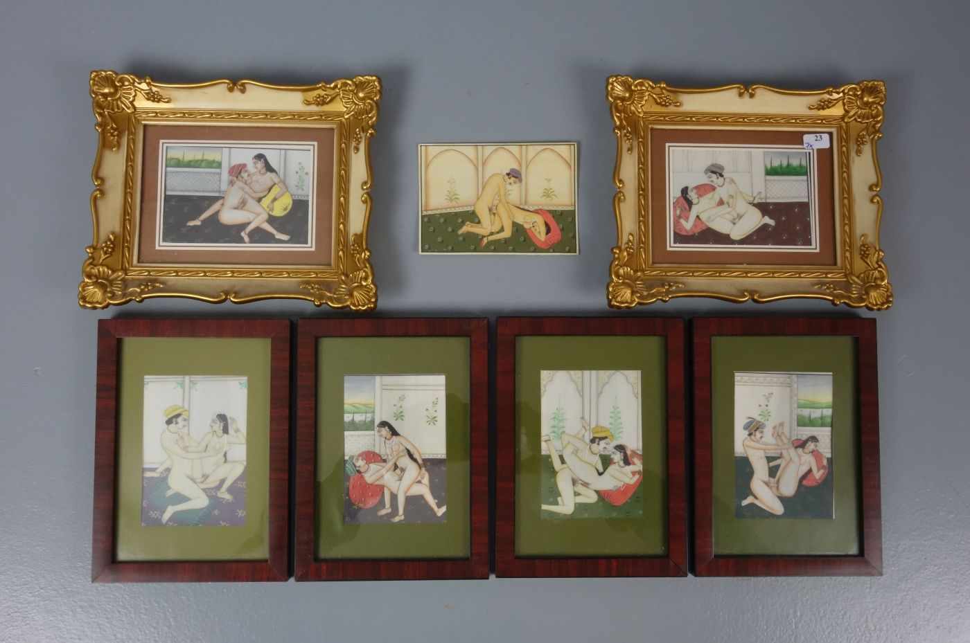 7 EROTISCHE MINIATUREN ZUM KAMASUTRA, der indischen Traditionslehre über Erotik. Tempera auf