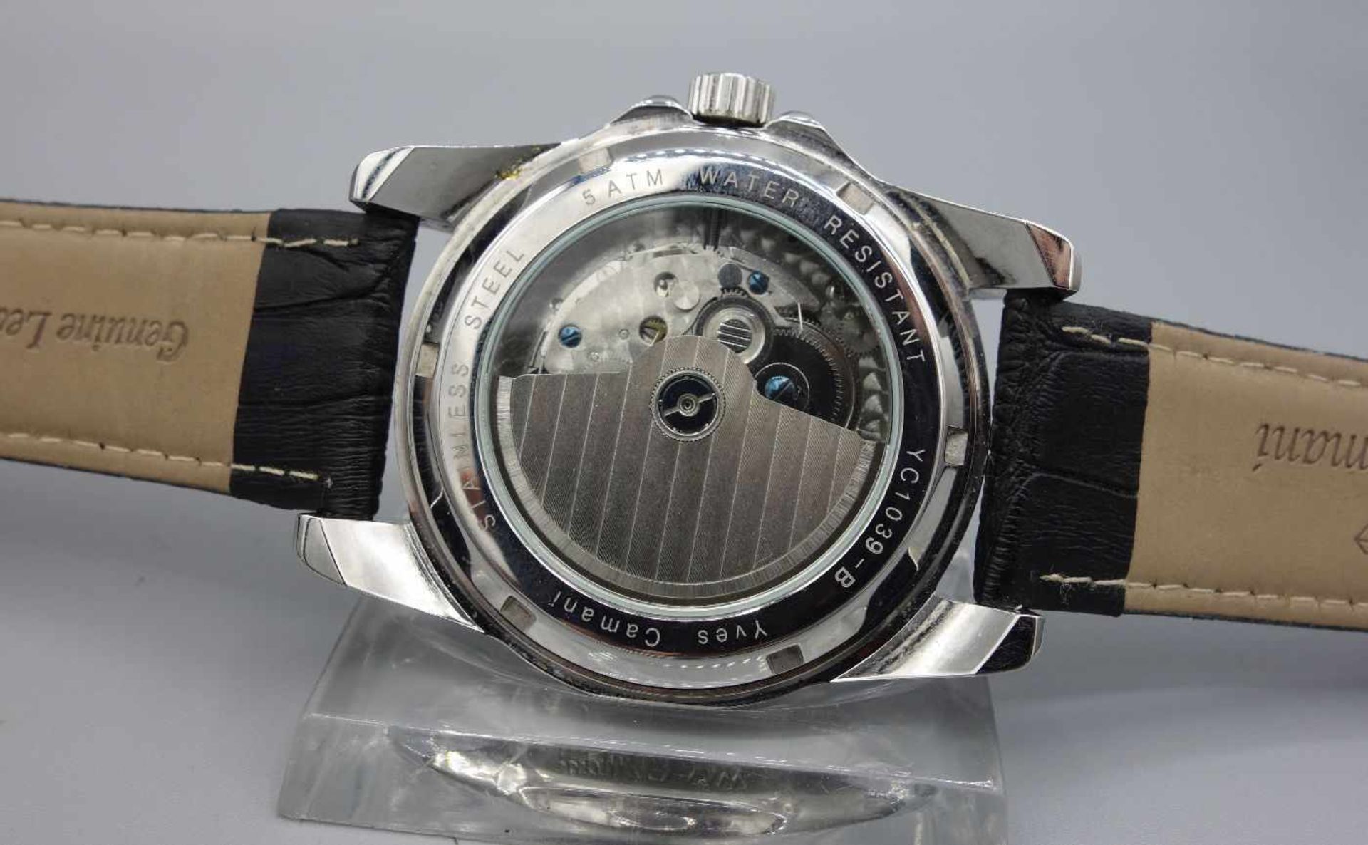 ARMBANDUHR - YVES CAMANI / wristwatch, Automatik-Uhr. Rundes Edelstahlgehäuse an Lederarmband; mit - Bild 6 aus 6