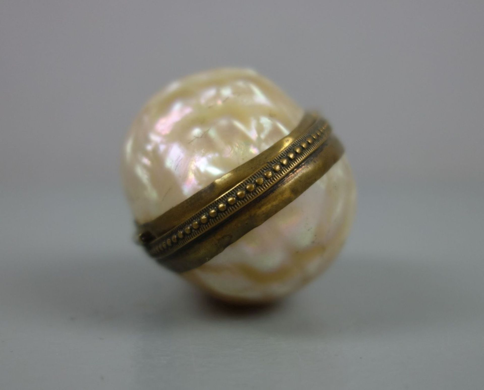 GALANTERIE: MUSCHEL-TABATIERE / SCHNUPFTABAKDOSE / pearl snuff box, wohl 19. Jh.. Ovale Form, - Bild 2 aus 4