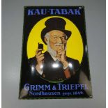 EMAILLESCHILD / BLECHSCHILD / WERBESCHILD "Grimm & Triepel Kau-Tabak". Rechteckiges und leicht