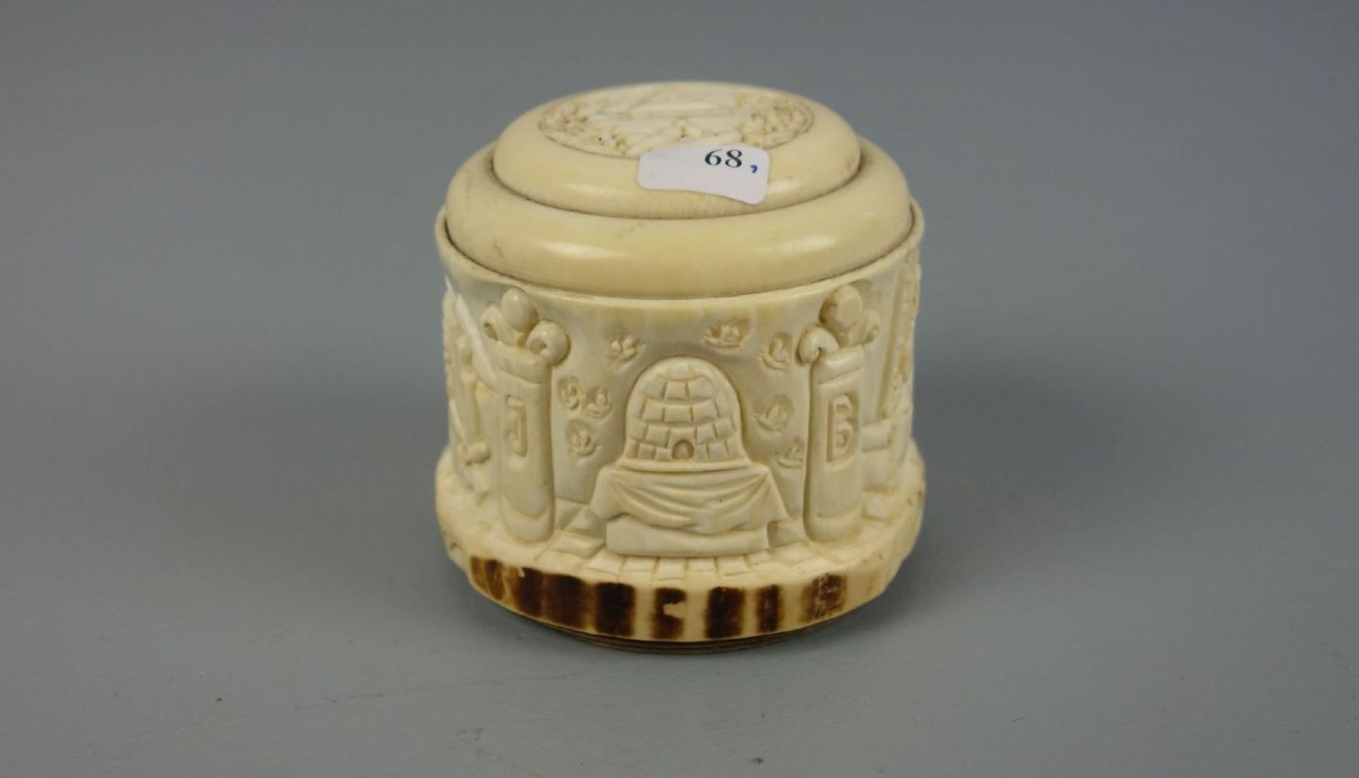 FREIMAURER SPARDOSE / masonic money box, 19. Jh., Elfenbein und Holz , Frankreich, datiert "1839"