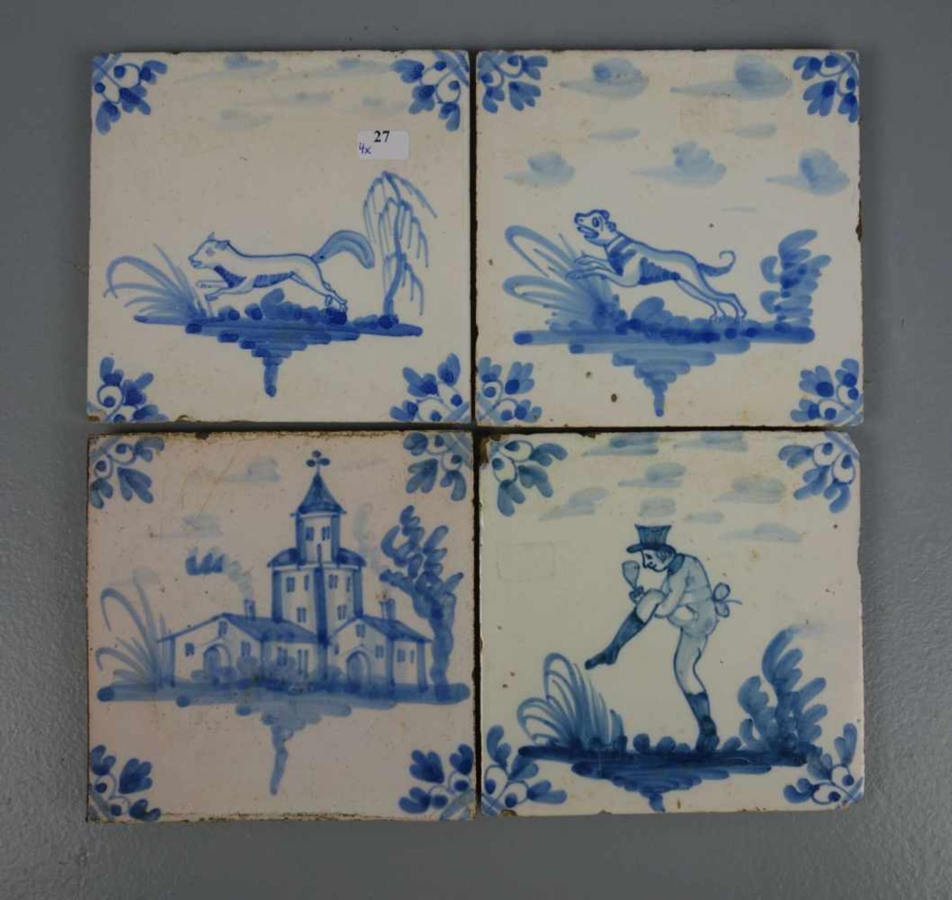 4 FLIESEN MIT FIGÜRLICHEN MOTIVEN / FAYENCE - FLIESEN / WANDFLIESEN / german tiles, 19. Jh.,