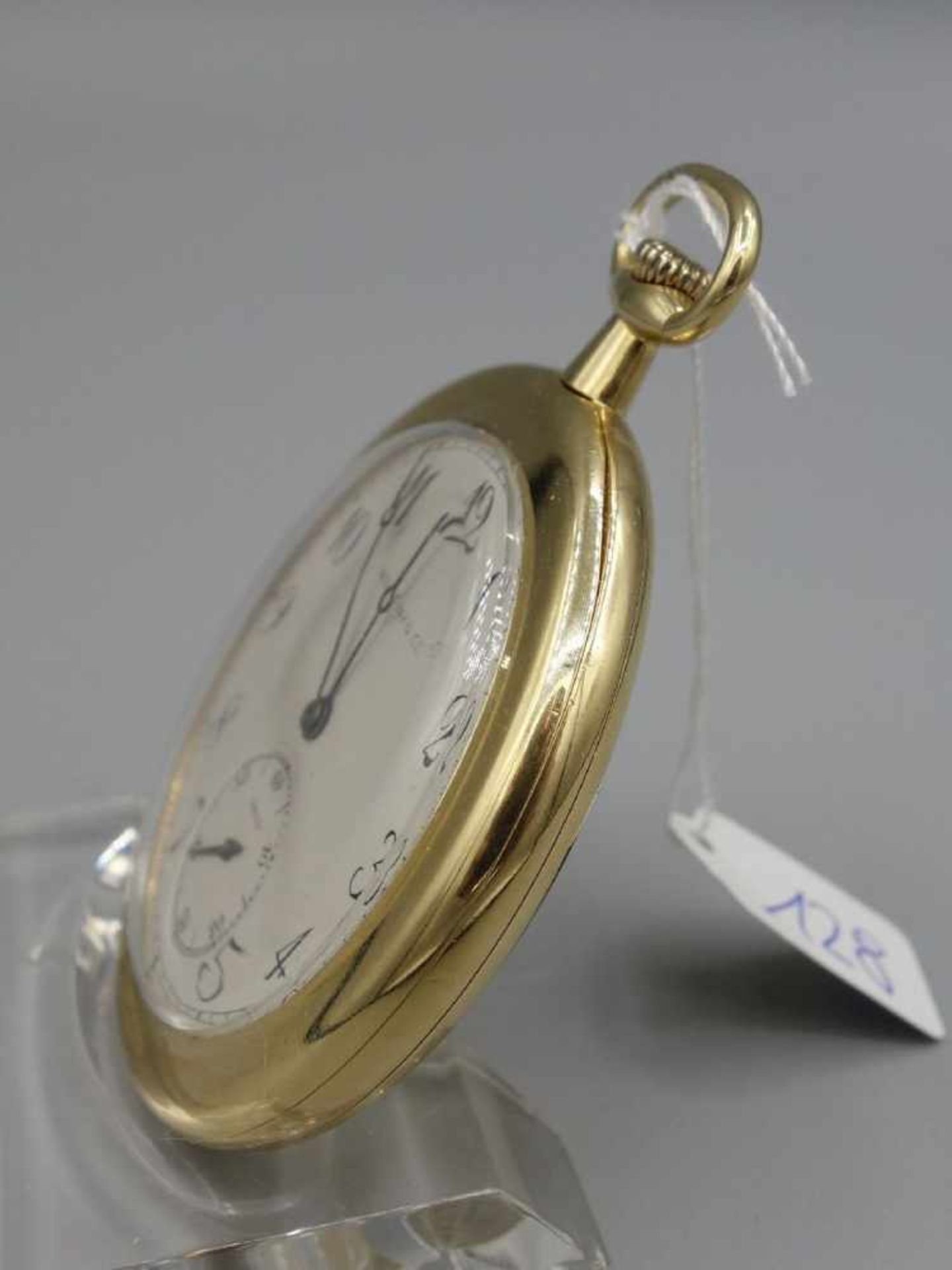 FLACHE TASCHENUHR MIT GOLDGEHÄUSE / golden half open face pocket watch, Handaufzug (Krone). - Bild 2 aus 8