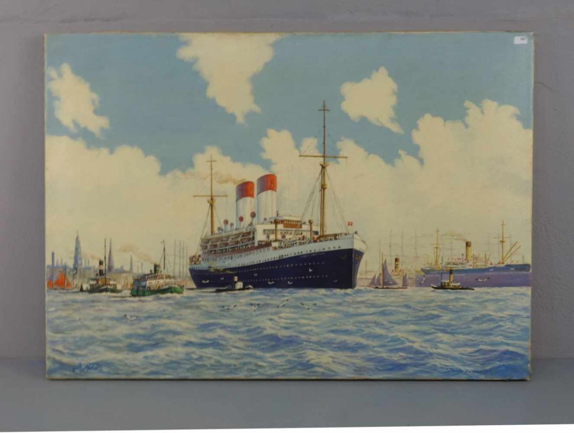 PETERS, K. (20./21. Jh.), Gemälde / painting: "Hamburger Hafen mit dem Kreuzfahrtschiff Monte