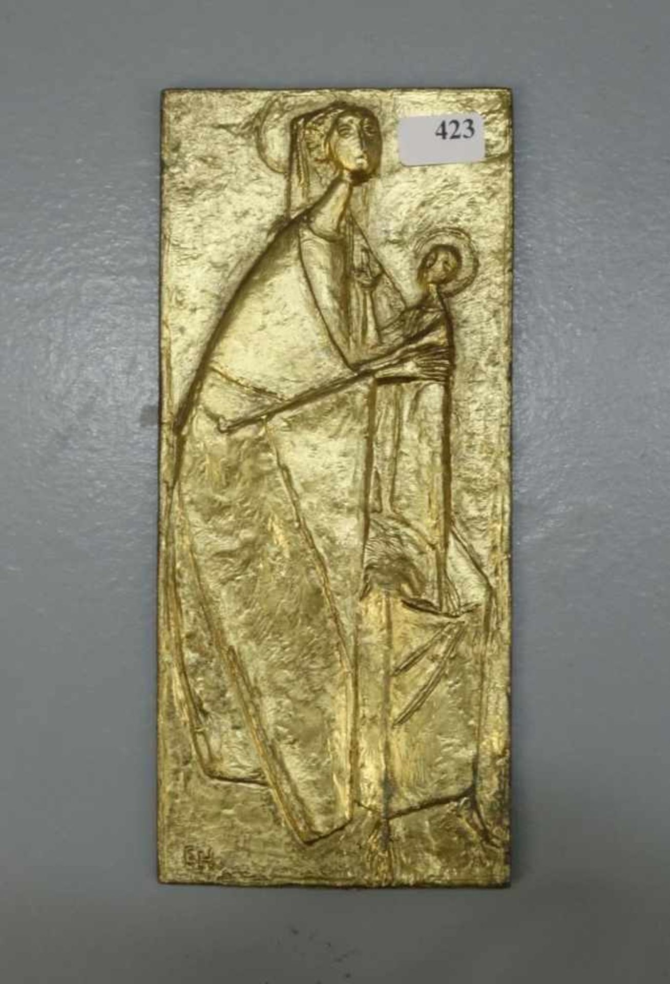 BRONZE-RELIEF: "MADONNA", Bronze, goldfarben patiniert. Mutter Gottes mit dem Christuskind; am