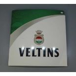 EMAILLESCHILD / BLECHSCHILD / WERBESCHILD "Veltins". Annähernd quadratisches, leicht aufgewölbtes