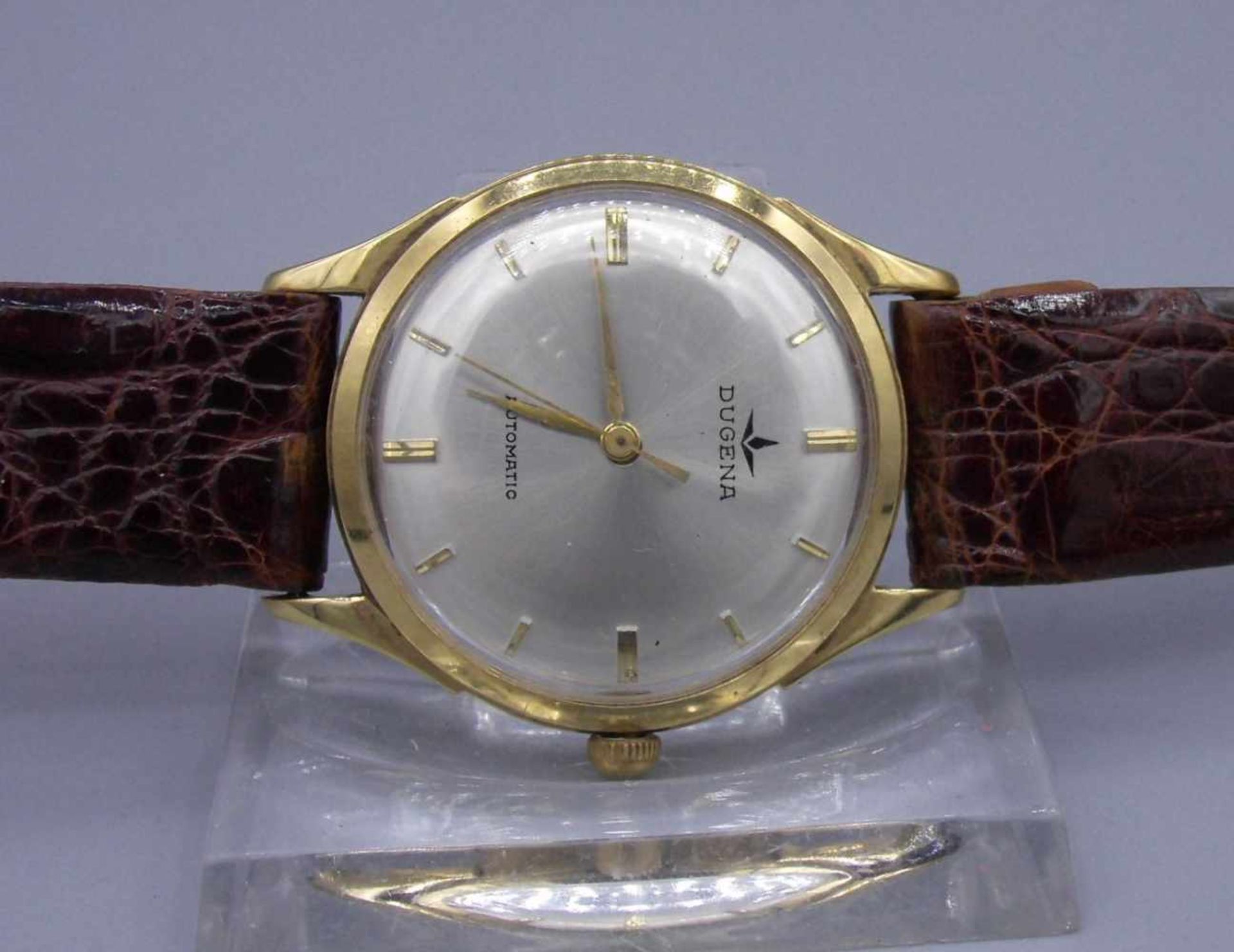 VINTAGE ARMBANDUHR DUGENA / wristwatch, Mitte 20. Jh., Automatik-Uhr, Gehäuse aus 585er / 14 kt