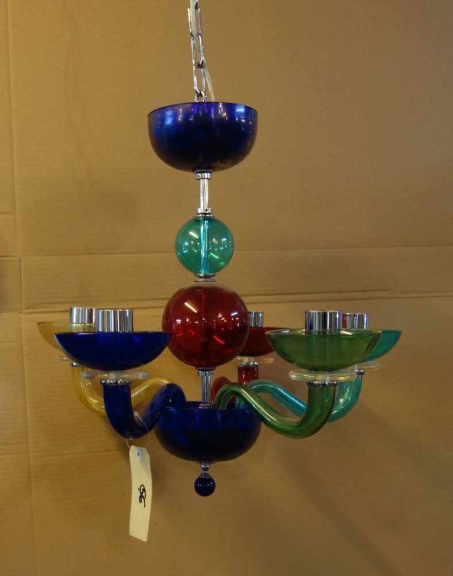 GIOVANNI CENEDESE MURANO - LEUCHTER / lamp, polychromes Glas und verchromte Metallmonturen, 1980er