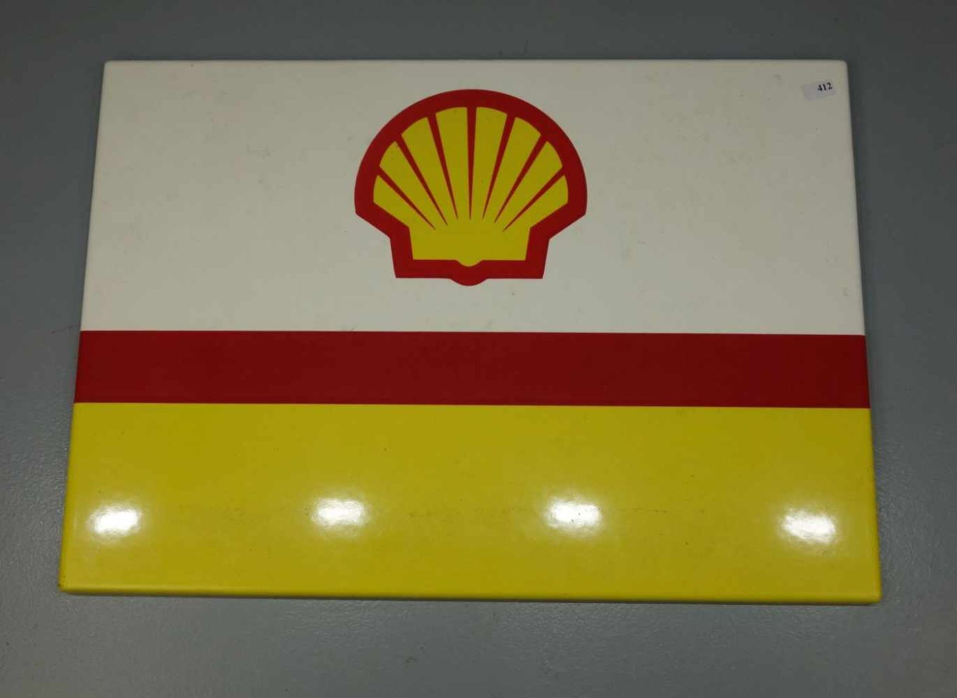 EMAILLESCHLD / BLECHSCHILD / WERBESCHILD: "Shell", rechteckig, emailliert, tricolor. Shell-Logo