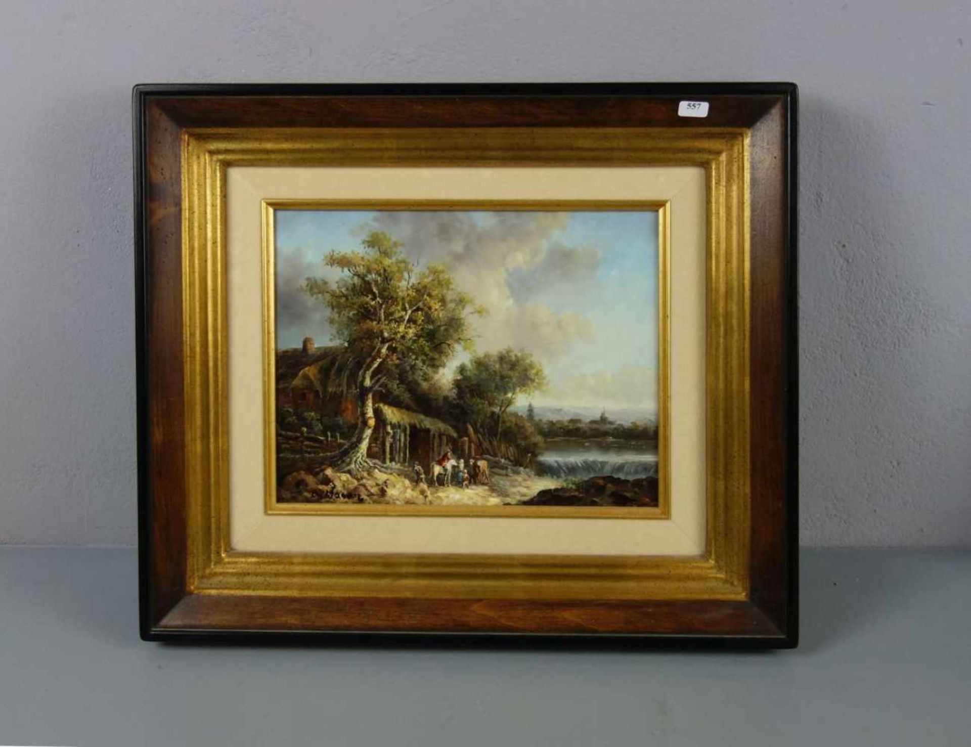 MAERZ oder MAENZ, B. (Maler des 20. Jh.), Gemälde / painting: "Flusslandschaft mit Wehr, Gehöft