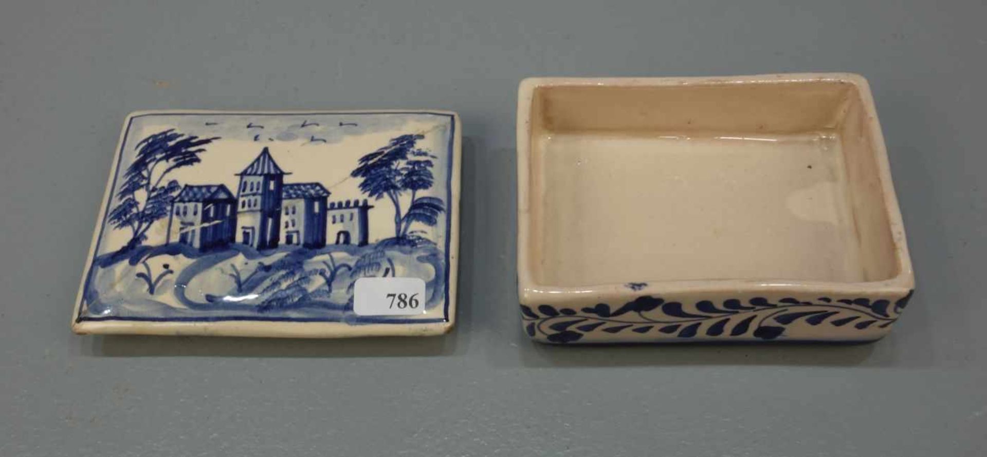 SCHALE / ceramic bowl, ungemarkt. Rechteckiges Deckelgefäß mit mediterraner Landschaft mit - Bild 3 aus 5