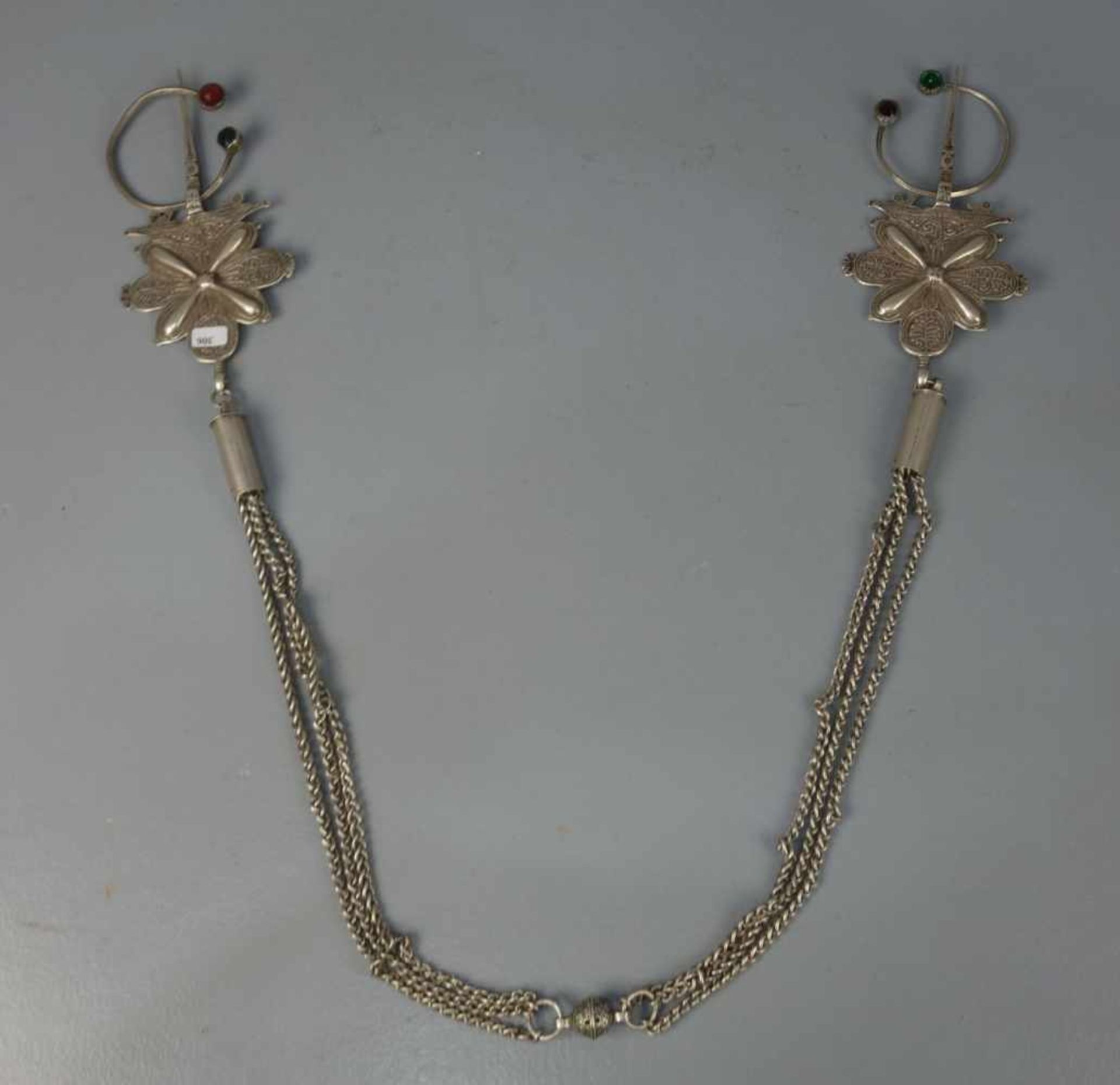 BERBER-SCHMUCK: FIBELKETTE / oriental jewellery, Chouka / Marokko, Silber und Glas (insgesamt 544,