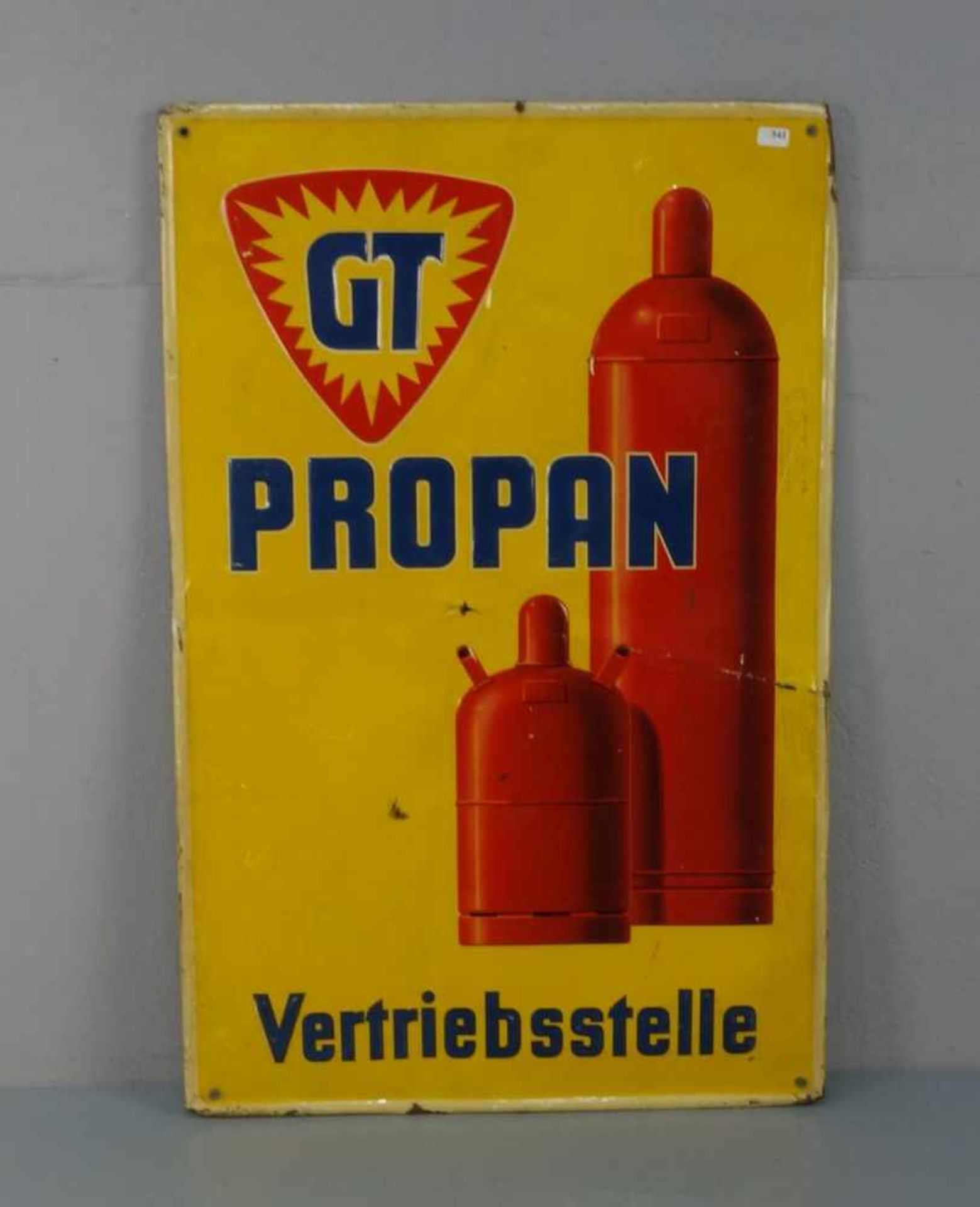 WERBESCHILD / BLECHSCHILD "Propan" / advertising sheet, geprägtes hochrechteckiges Werbeschild für