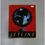 EMAILLESCHILD / BLECHSCHILD / WERBESCHILD "Jetline" / advertising sheet. Auf rotem Fond mit