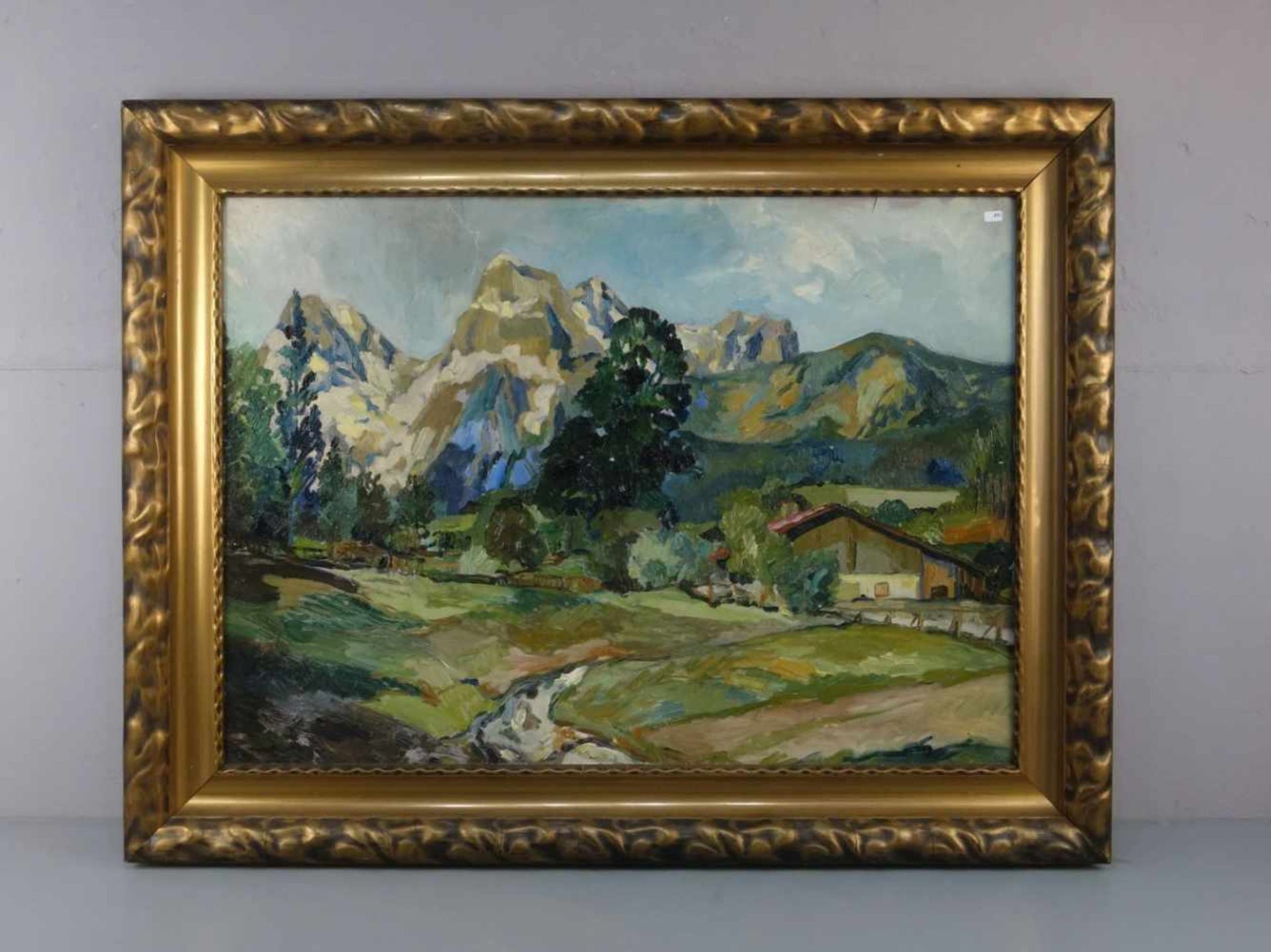 MALER DES 19. / 20. JH., Gemälde / painting: "Gebirgslandschaft mit Bachlauf und Hof", Öl auf