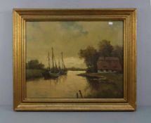 MALER DES 19./ 20. JH., Gemälde / painting: "Binnenschiffe am Ufer mit Gehöft", Öl auf Platte /