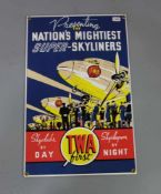 EMAILLESCHILD / BLECHSCHILD / WERBESCHILD "TWA first - Super Skyliners" / advertising sheet. Auf