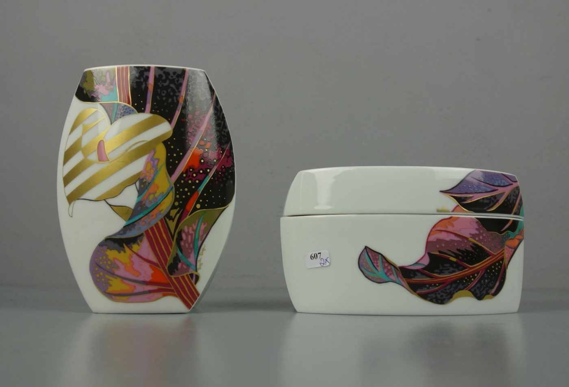 VASE UND DECKELDOSE / vase and box, Porzellan, Manufaktur Rosenthal, 1980er Jahre, Entwurf Jan van