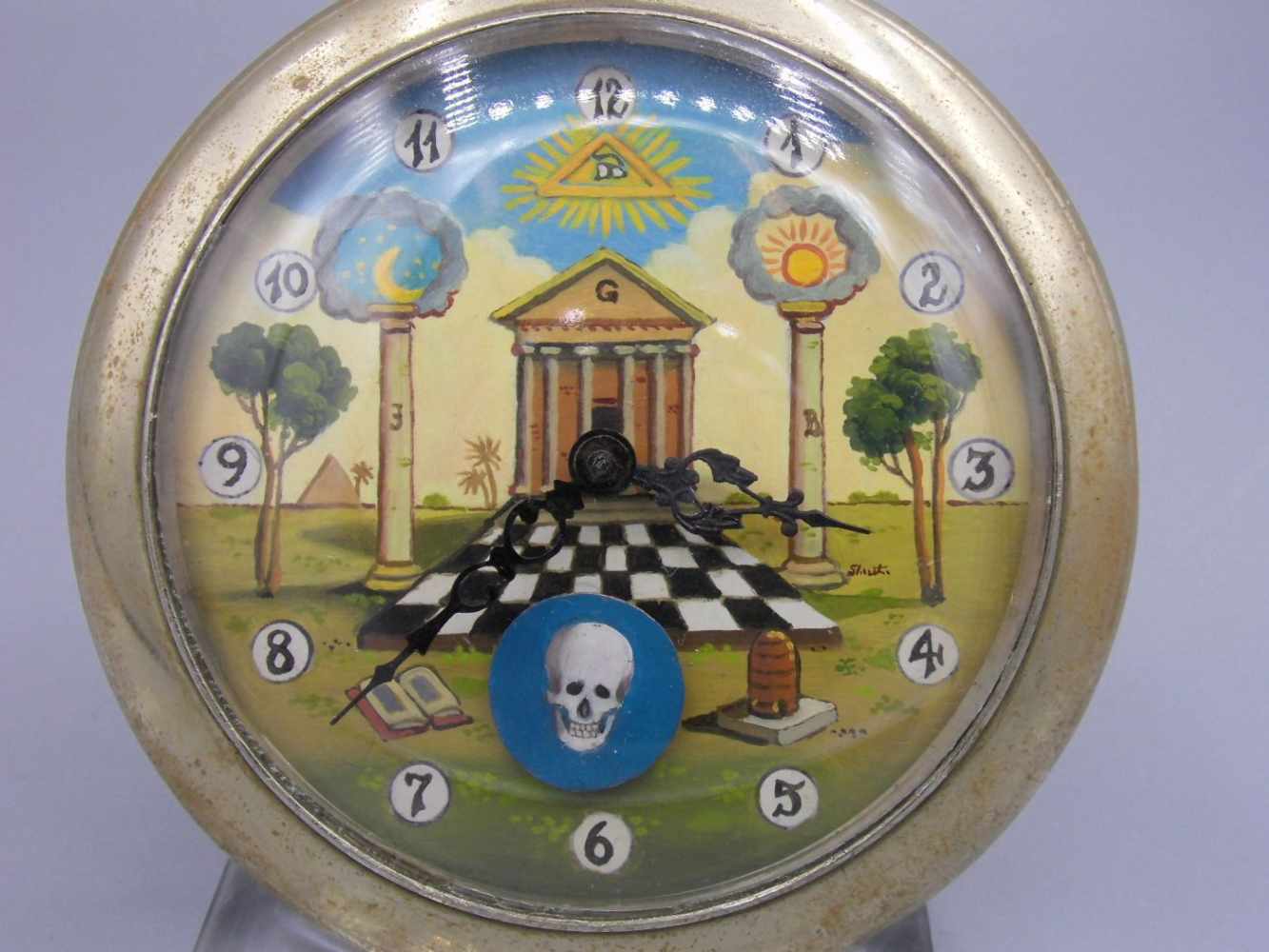 GROSSE TASCHENUHR MIT FREIMAUERSYMBOLIK / masonic pocket watch, Handaufzug mit Krone und Drücker#, - Bild 2 aus 6