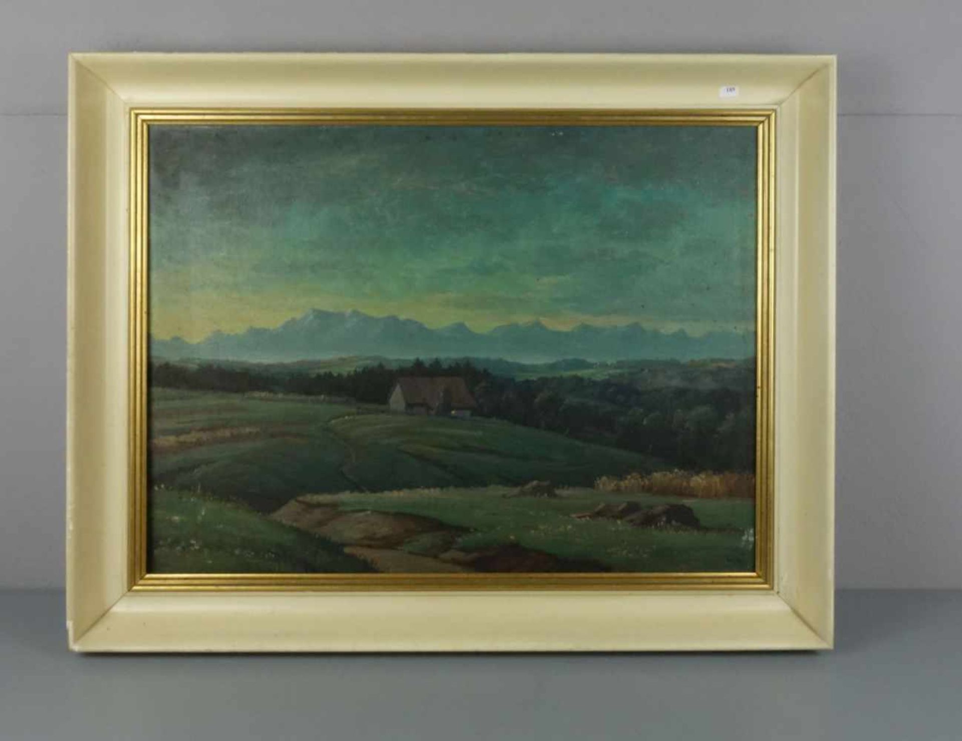 MONOGRAMMIST (RiKa, 20. Jh.), Gemälde / painting: "Vorgebirgslandschaft mit Gehöft", Öl auf Holz /