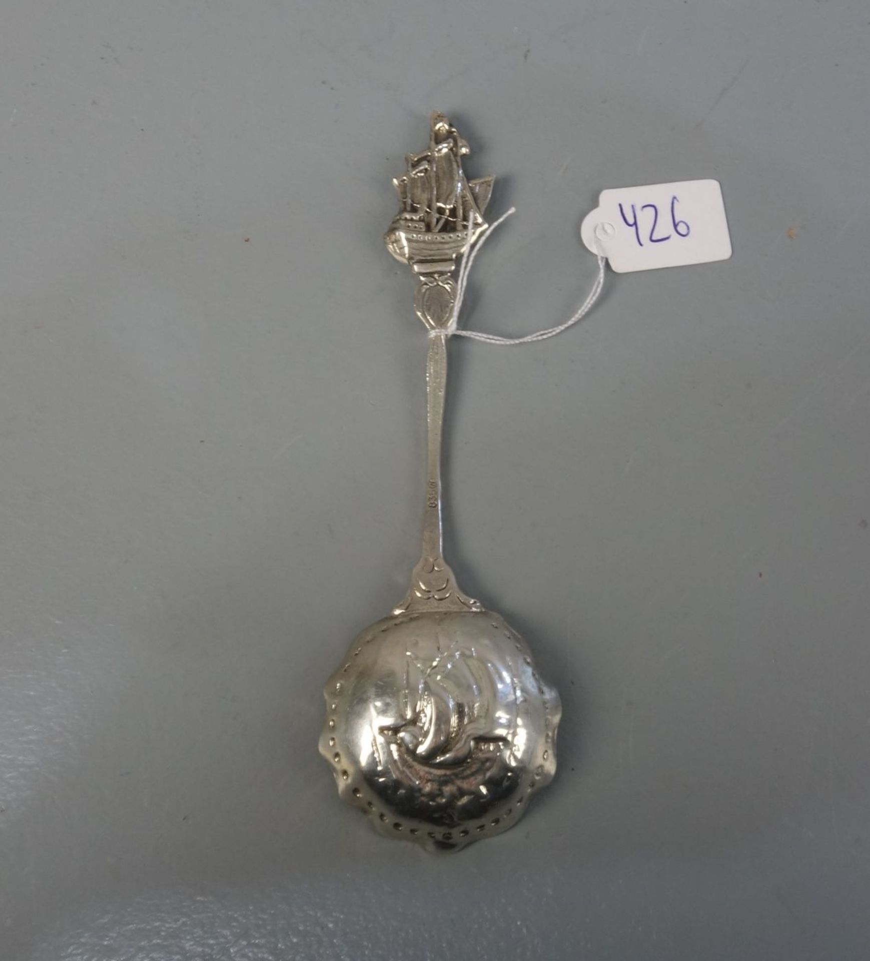 VORLEGEBESTECK: MARITIMER SAHNELÖFFEL / MESSLÖFFEL FÜR TEE / silver cream spoon or caddy spoon, 1. - Bild 3 aus 4