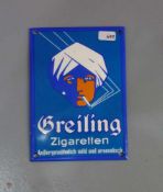 EMAILLESCHILD / BLECHSCHILD / WERBESCHILD "Greiling Zigaretten" / advertising sheet. Auf