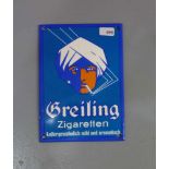 EMAILLESCHILD / BLECHSCHILD / WERBESCHILD "Greiling Zigaretten" / advertising sheet. Auf