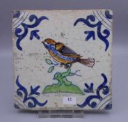 BAROCK-FLIESE "Vogel auf Ast" / FAYENCE - FLIESE / HOLLÄNDISCHE FLIESE / WANDFLIESE / tile /