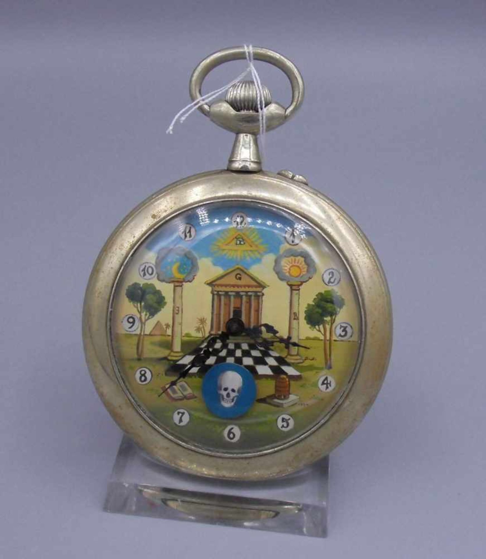 GROSSE TASCHENUHR MIT FREIMAUERSYMBOLIK / masonic pocket watch, Handaufzug mit Krone und Drücker#,