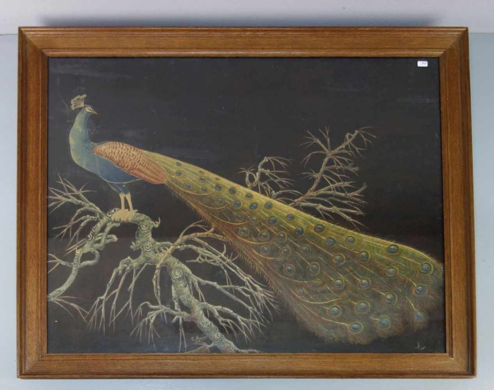 MUNIER, E. (20. Jh.), Gemälde / painting: "Pfau", Öl auf brauner Leinwand / oil on canvas, 1. Hälfte